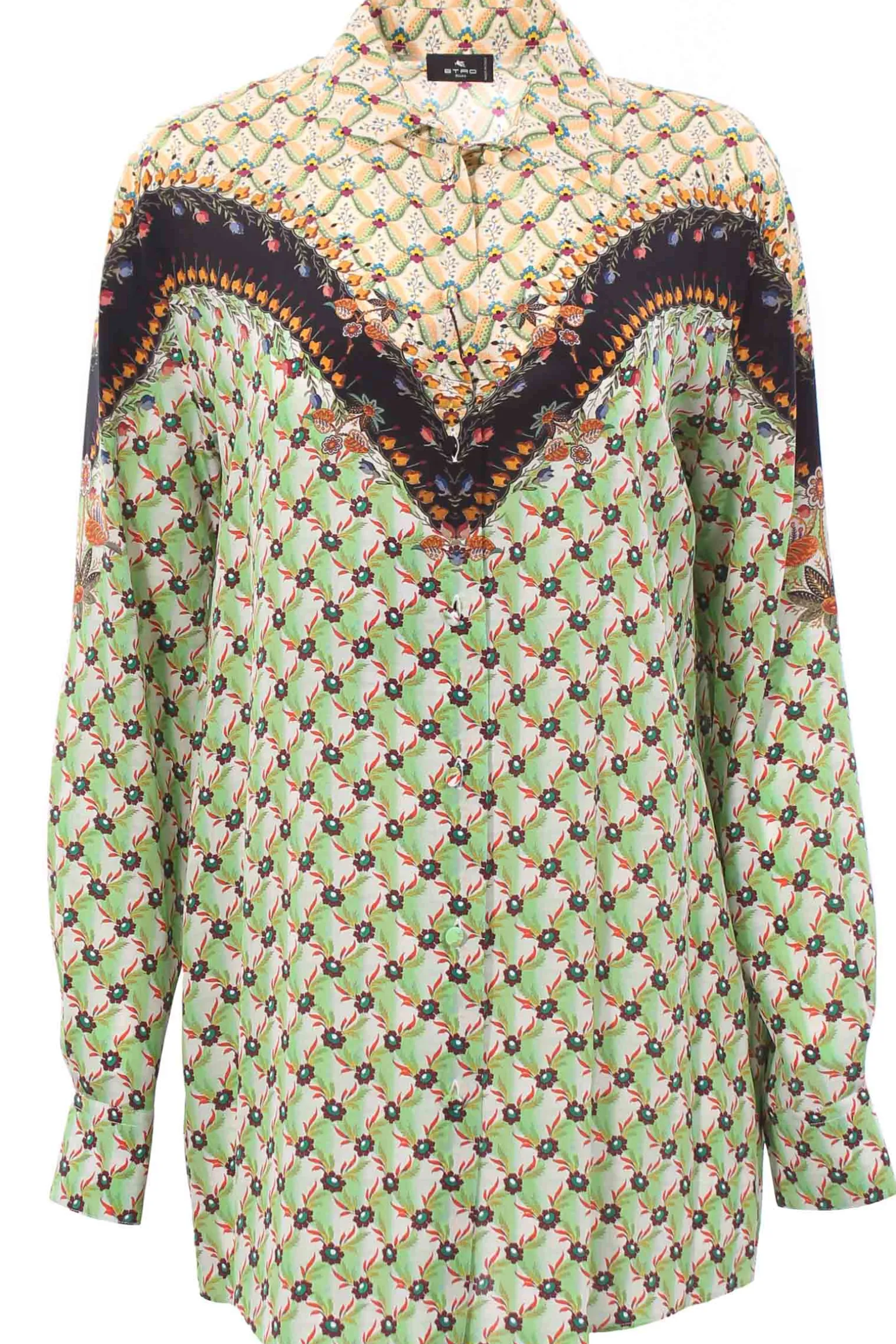 Camicia floreale con bordatura in crepe de chine di seta