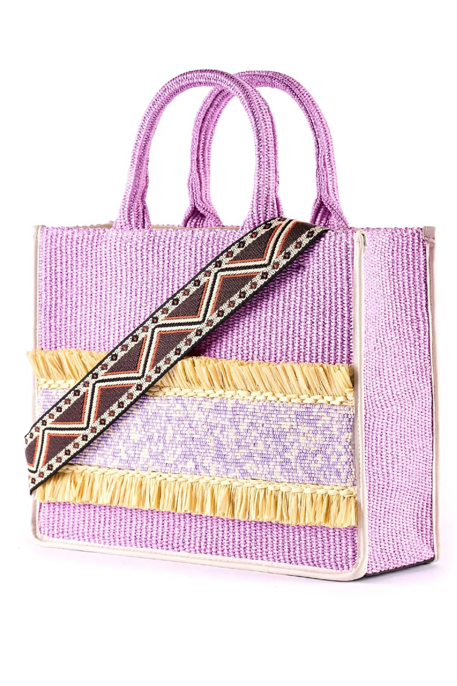 Shopping in rafia con ricamo di perline e frange